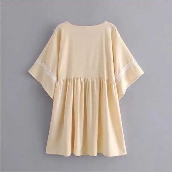 Boho Gypsy Tunic Boxy Mini Dress Taupe Cream Lace - Picture 3 of 4